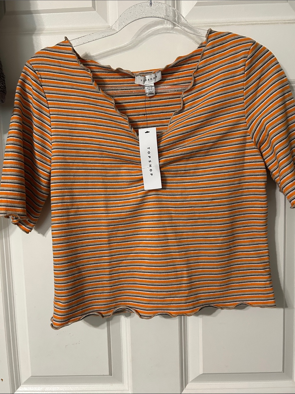 Topshop Orange, White & Gray Striped Cropped V-Neck Top